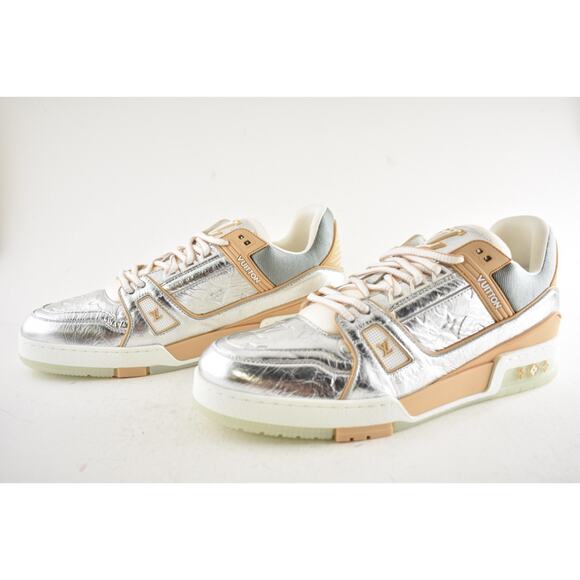 Louis Vuitton Metallic Silver Beige White Low Top Trainer Sneaker UK 9 US 10 11 - Picture 15 of 16